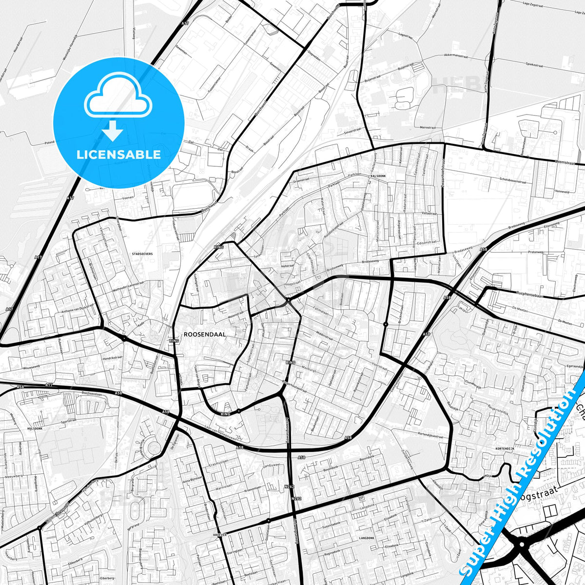 Roosendaal, Netherlands Light Map with Street Names, City Names, and Districts