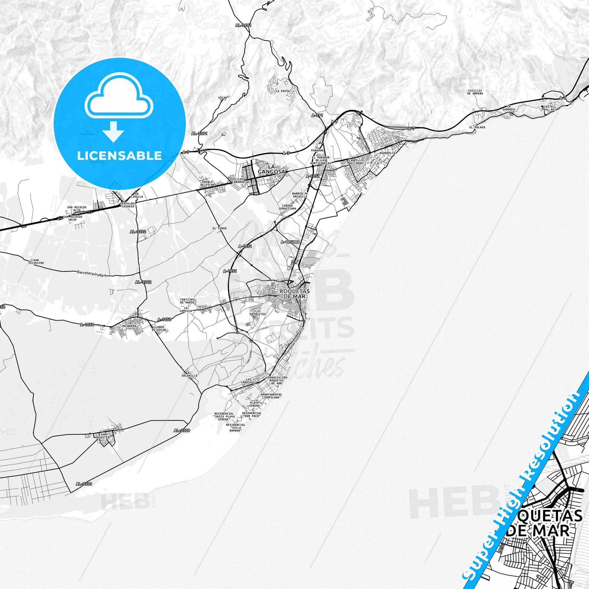 Roquetas de Mar, Spain light map with streetnames, citynames and districts