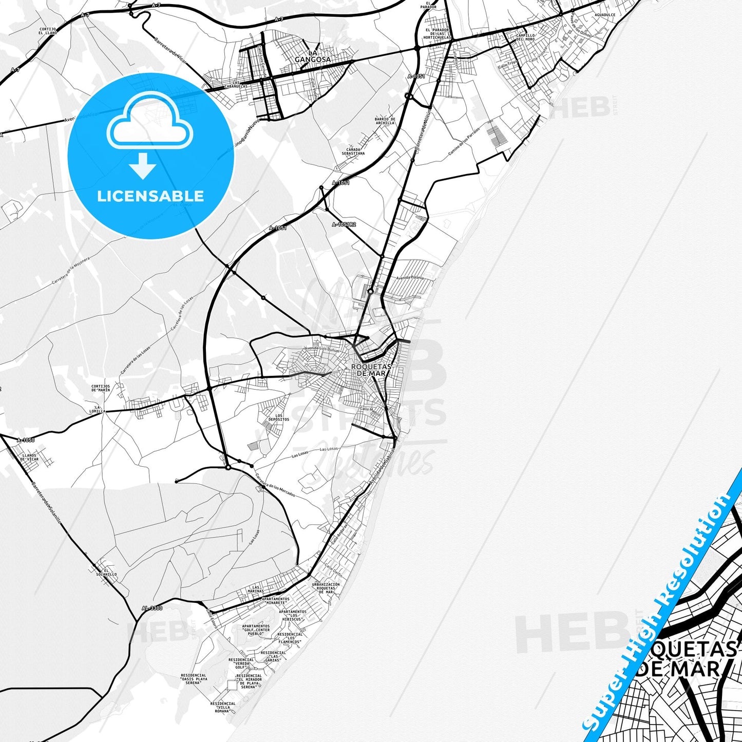 Roquetas de Mar, Spain Light Map with Street Names, City Names, and Districts