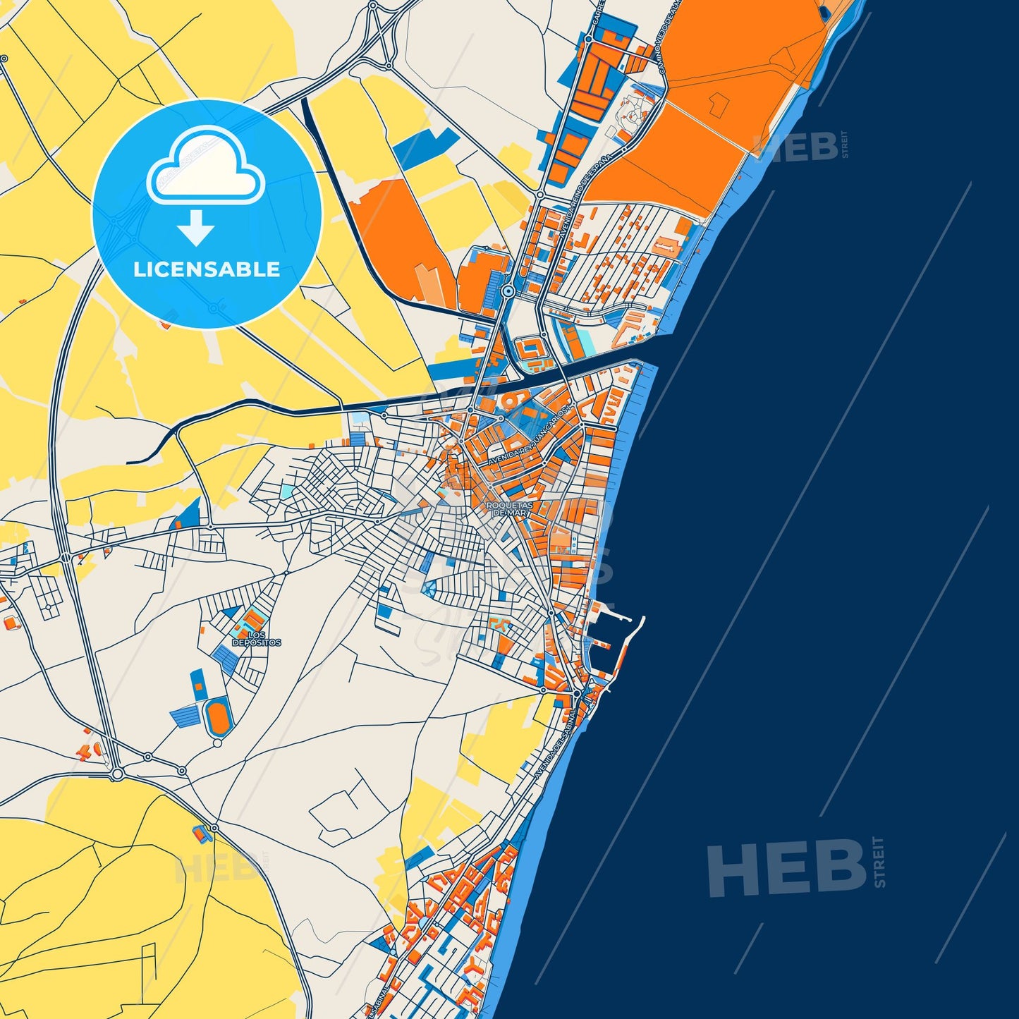 Colorful Roquetas de Mar Street Map with Labels and Buildings