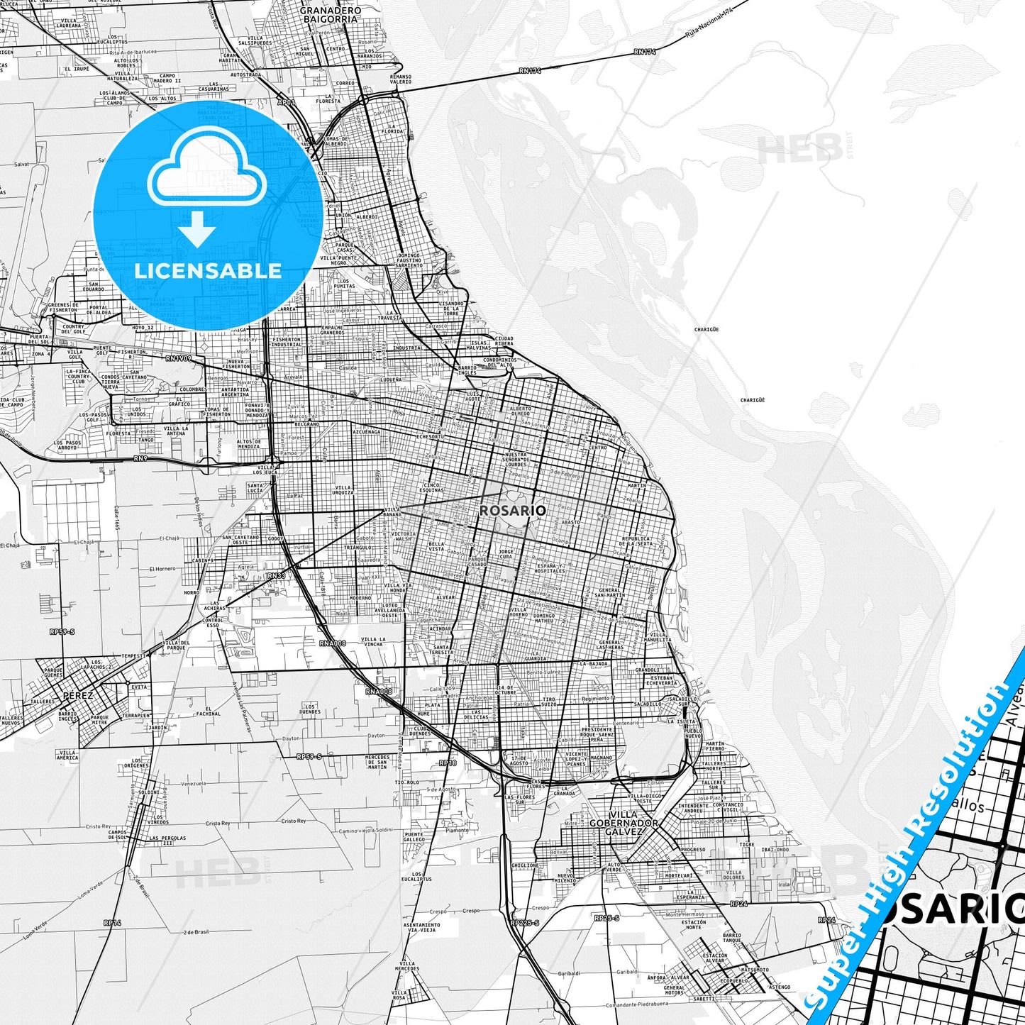 Rosario, Argentina light map with streetnames, citynames and districts