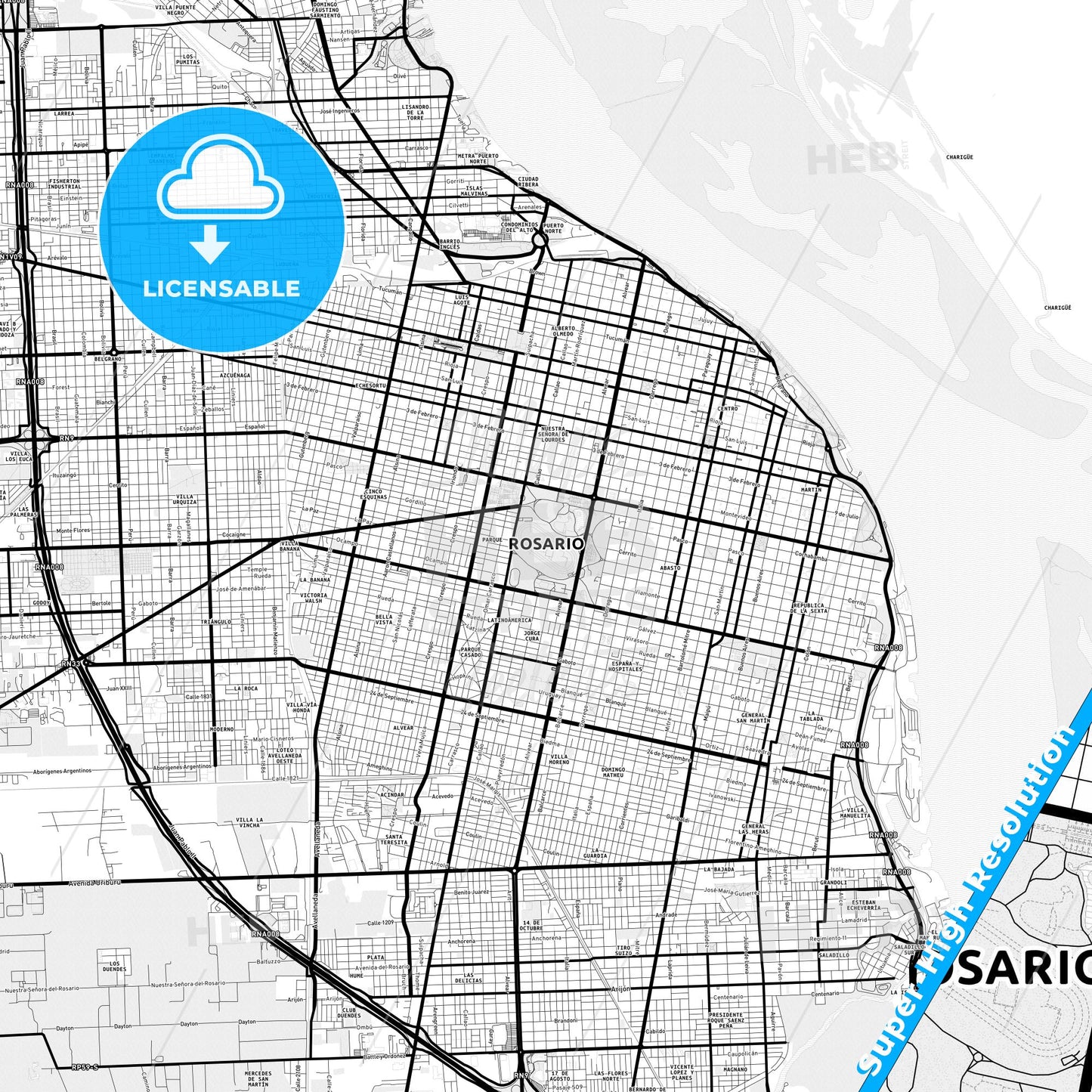 Rosario, Argentina Light Map with Street Names, City Names, and Districts