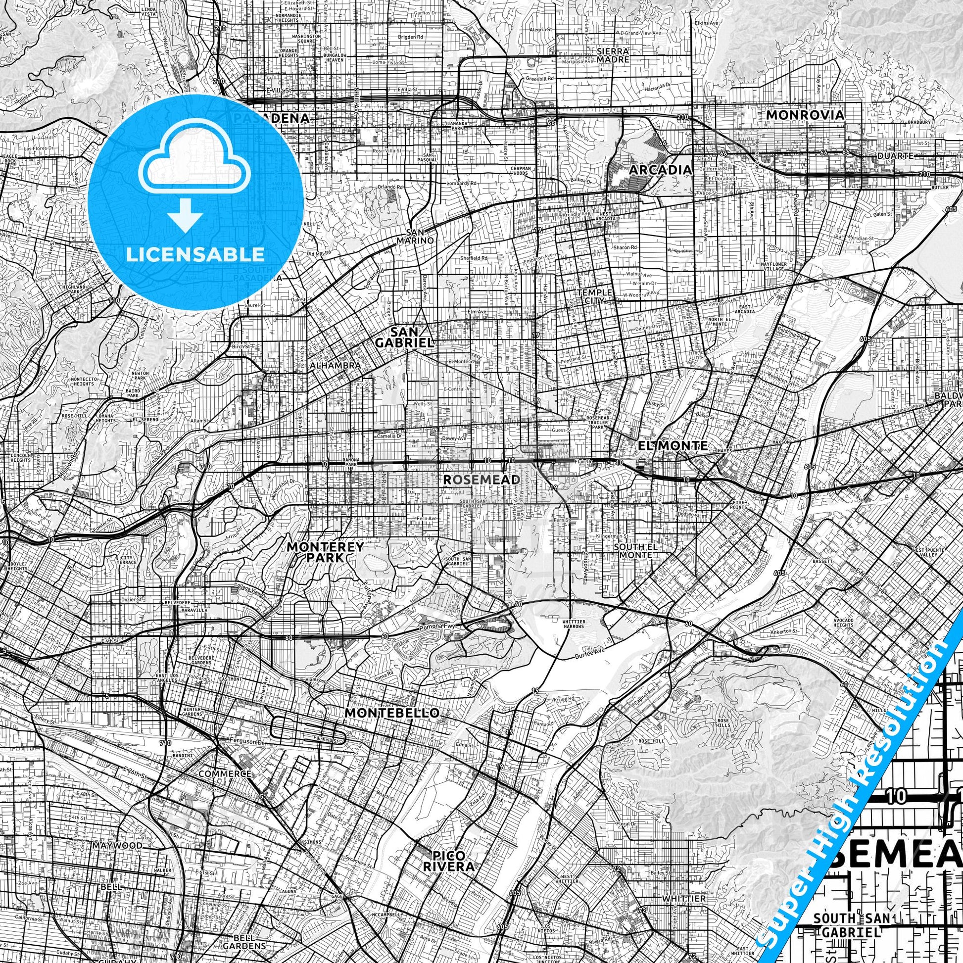 Rosemead, California light map with streetnames, citynames and districts
