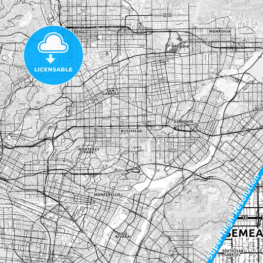 Rosemead, California light map with streetnames, citynames and districts