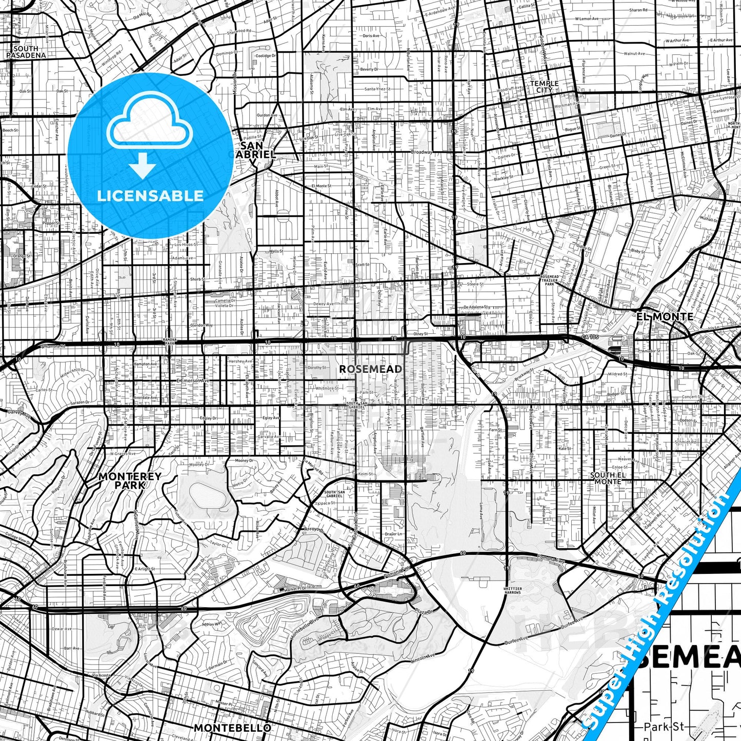 Rosemead, California Light Map with Street Names, City Names, and Districts