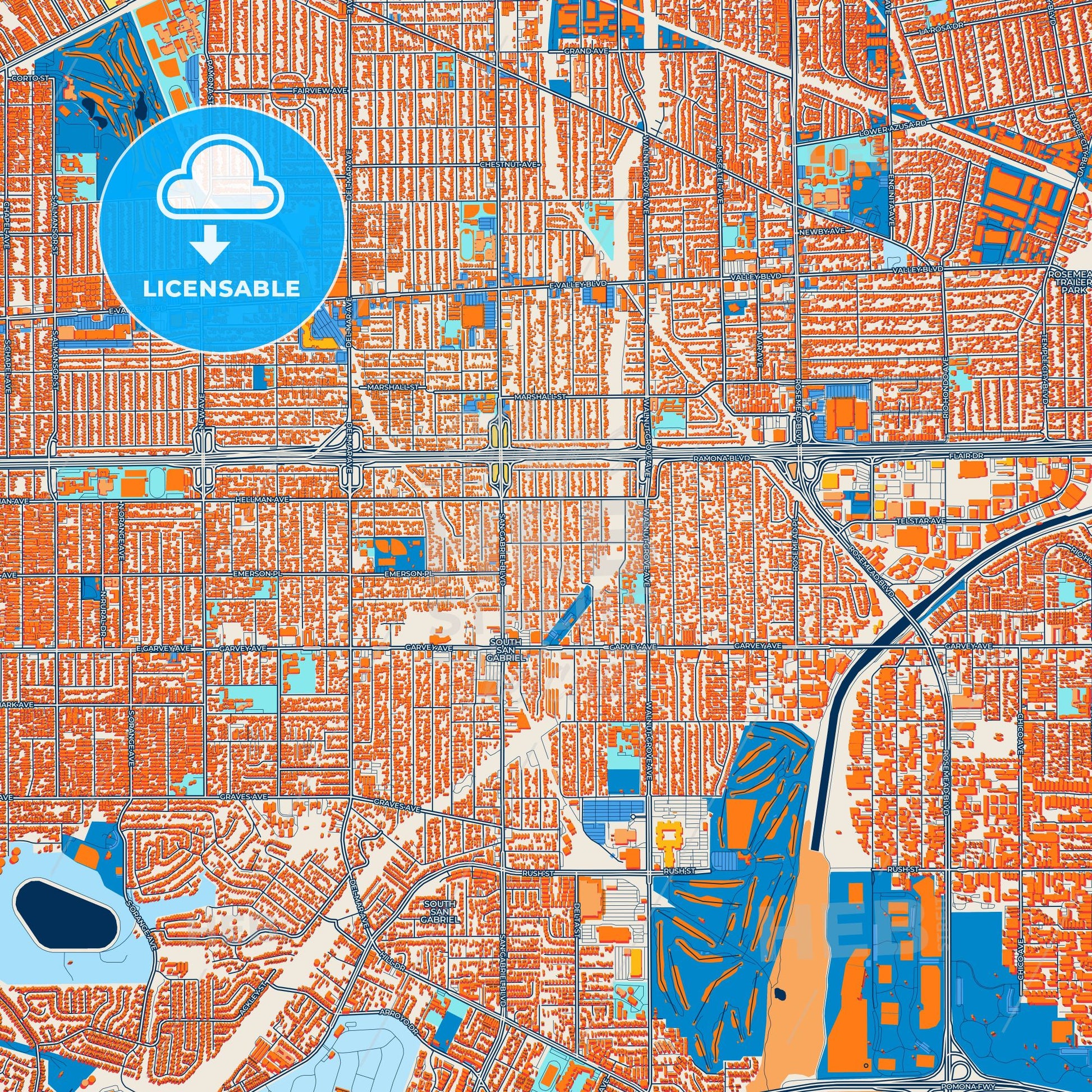 Colorful Rosemead Street Map with Labels and Buildings