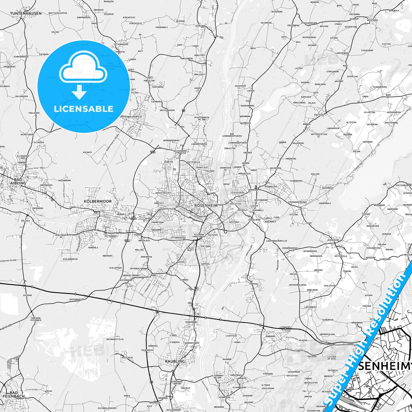 Rosenheim, Germany light map with streetnames, citynames and districts