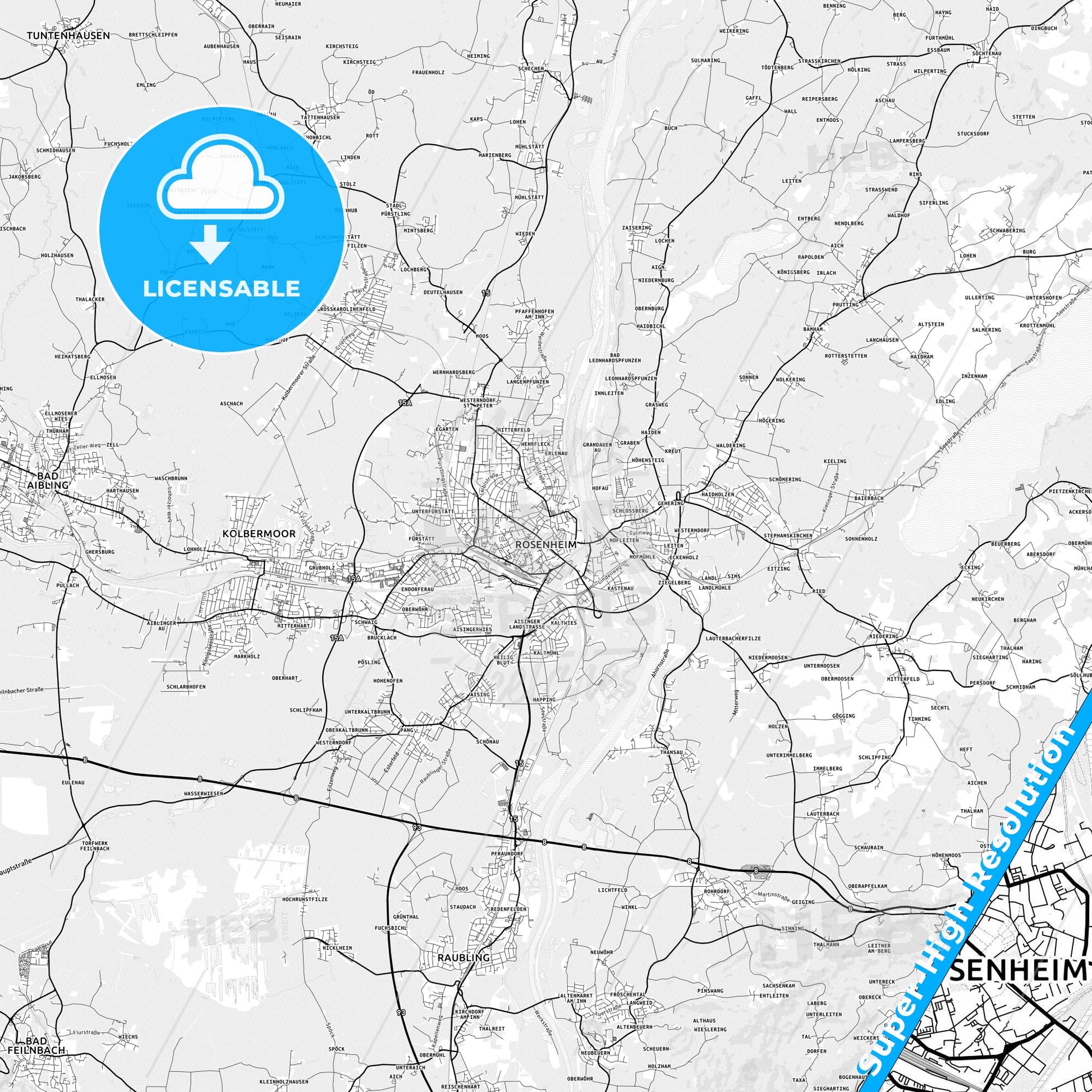 Rosenheim, Germany light map with streetnames, citynames and districts