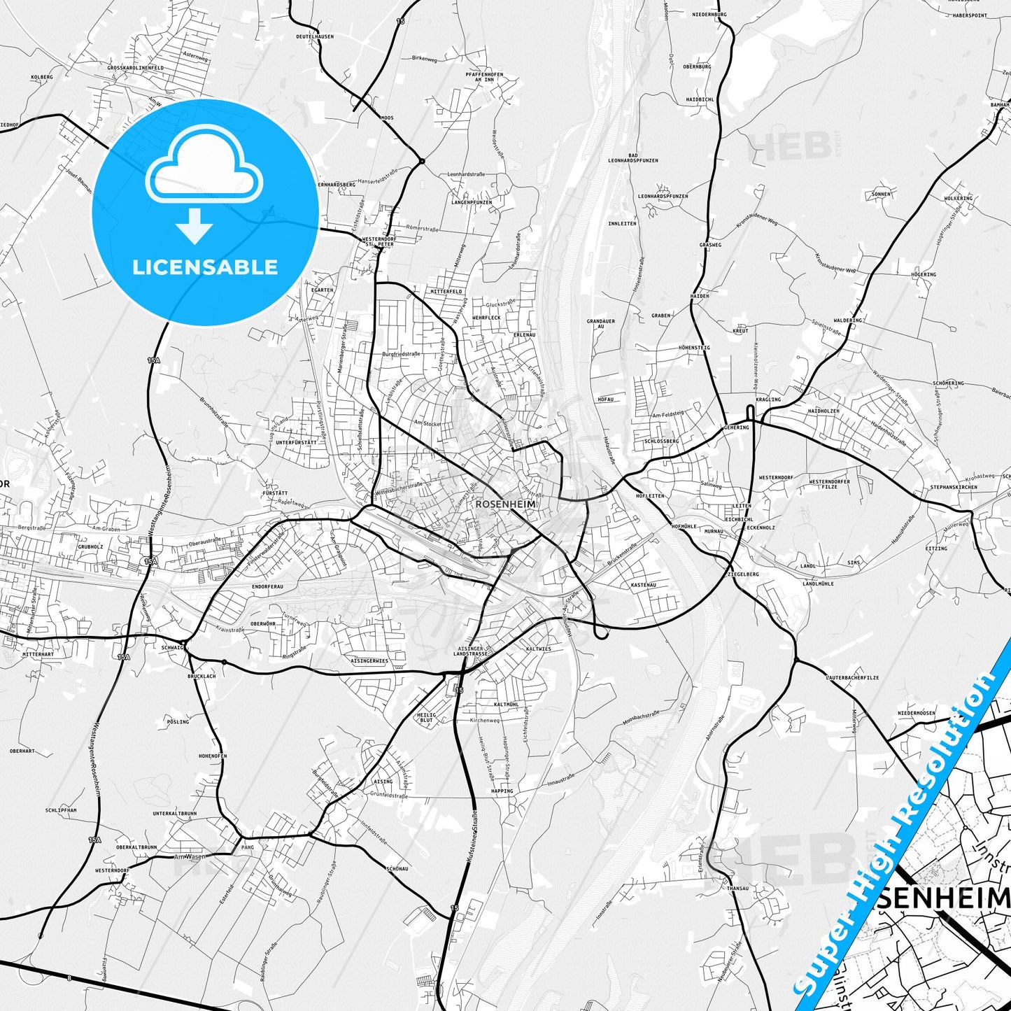 Rosenheim, Germany Light Map with Street Names, City Names, and Districts