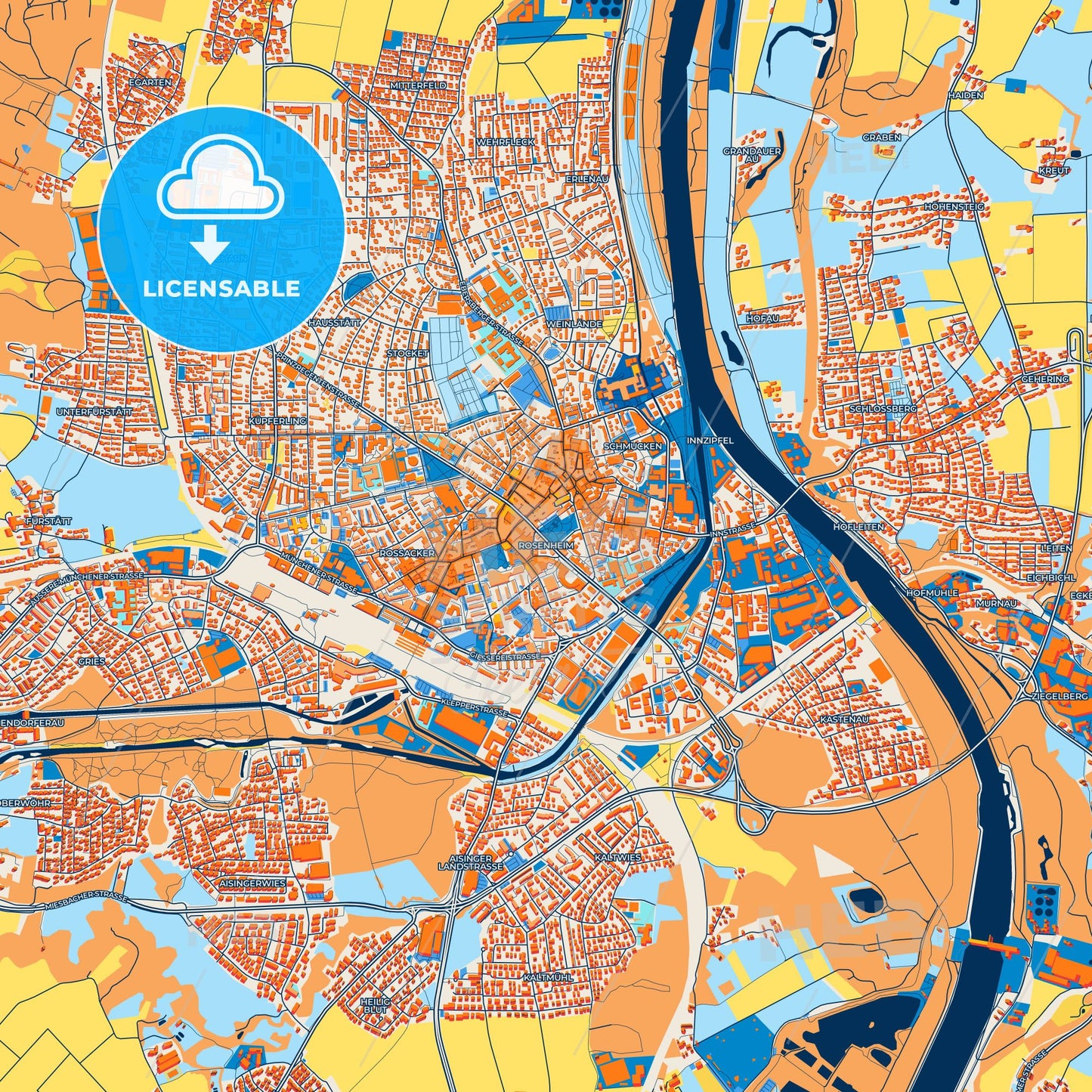 Colorful Rosenheim Street Map with Labels and Buildings