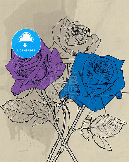 Bold and Graceful Lines in Floral Harmony - A drawing of a blue and purple rose
