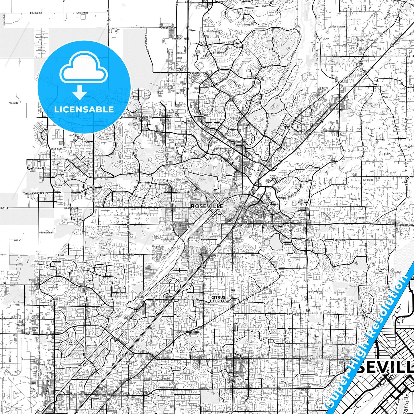 Roseville, California light map with streetnames, citynames and districts
