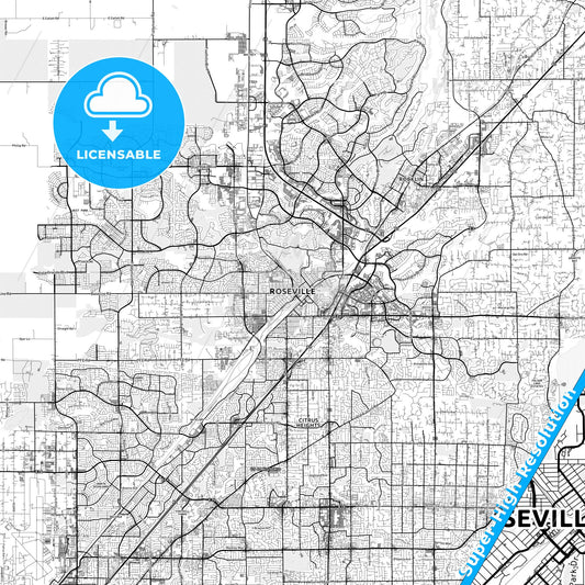 Roseville, California light map with streetnames, citynames and districts