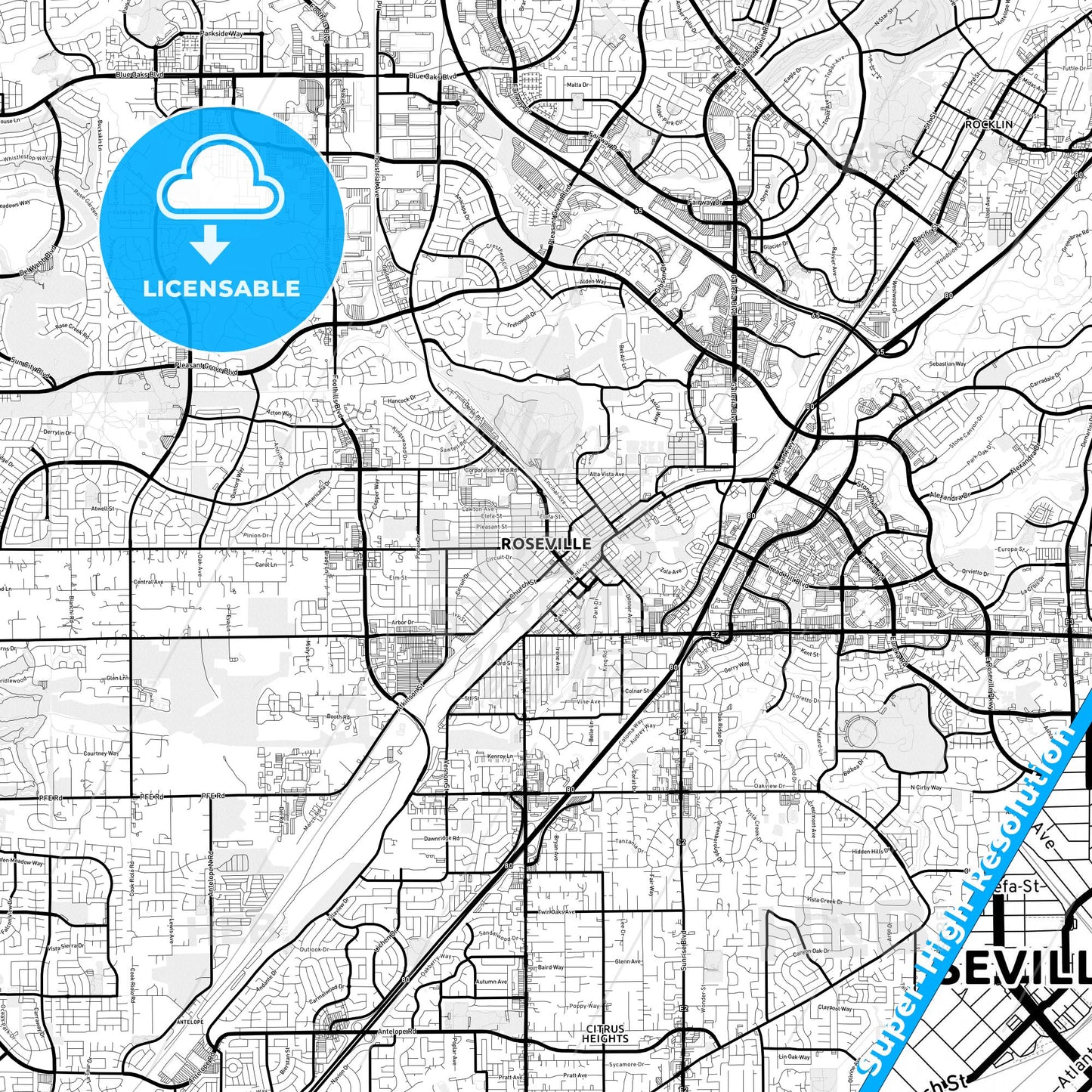 Roseville, California Light Map with Street Names, City Names, and Districts