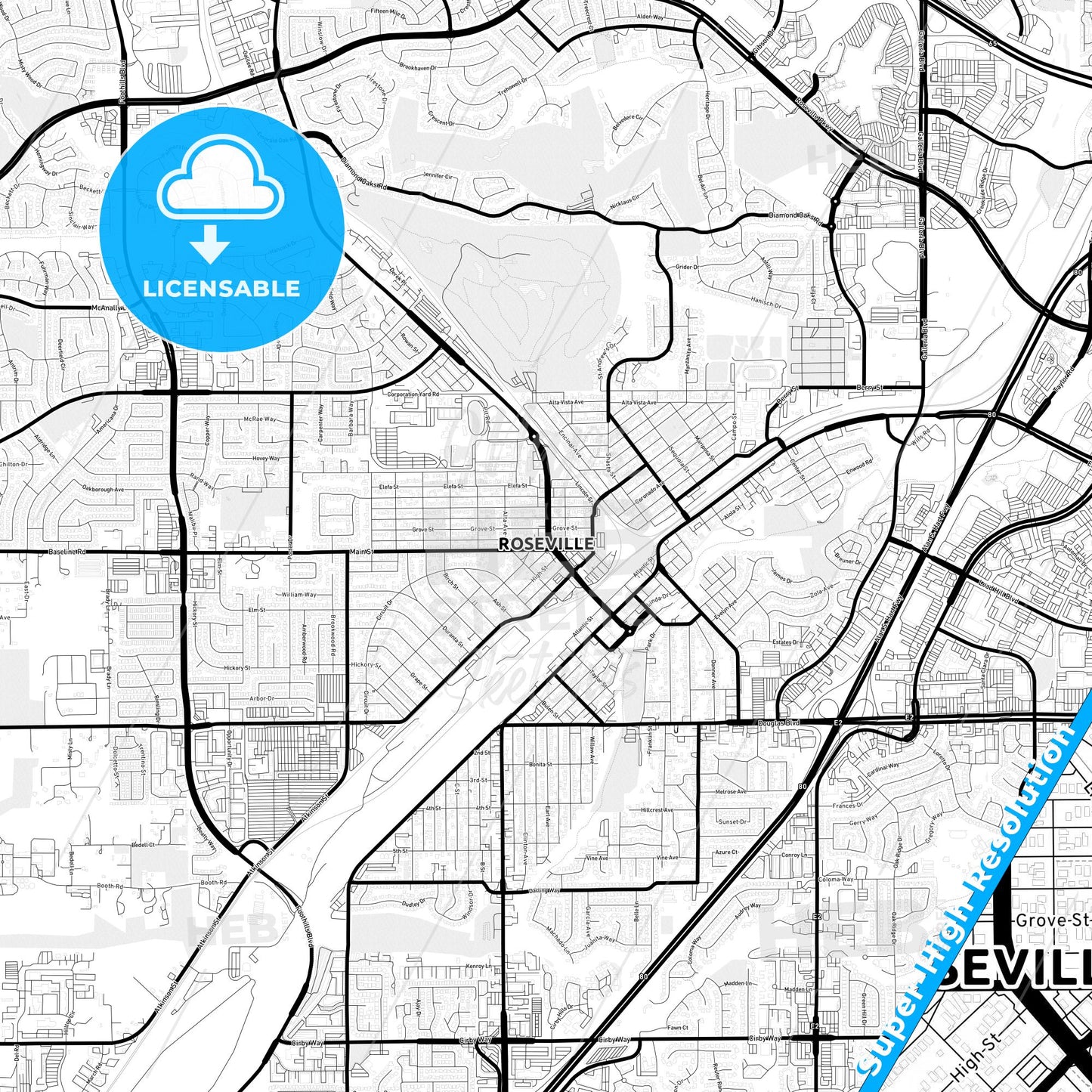 Roseville, California Light Map with Street Names, City Names, and Districts