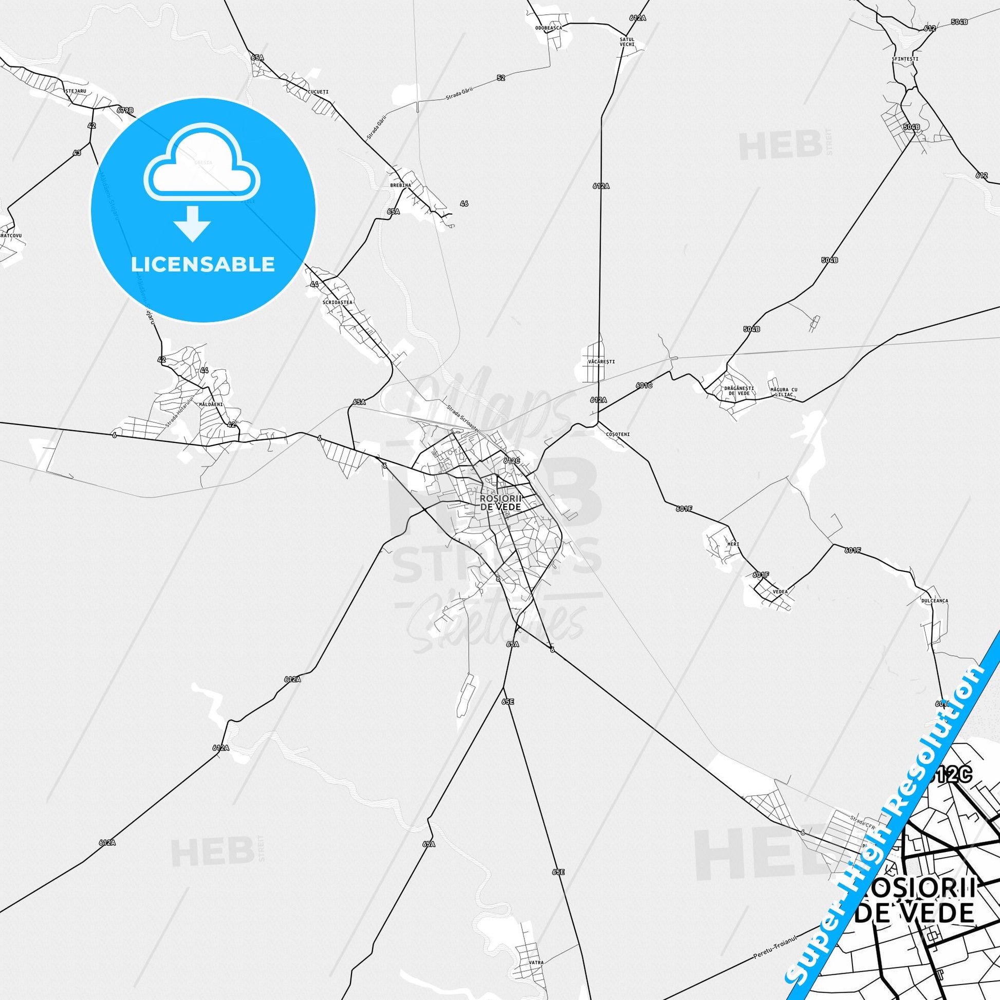 Roșiorii de Vede, Romania light map with streetnames, citynames and districts