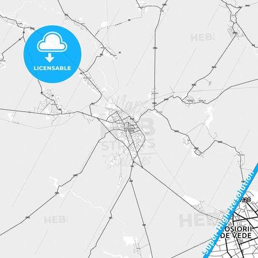 Roșiorii de Vede, Romania light map with streetnames, citynames and districts