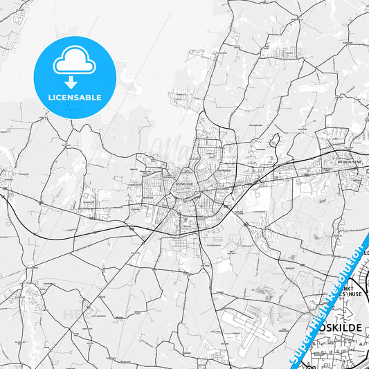 Roskilde, Denmark light map with streetnames, citynames and districts