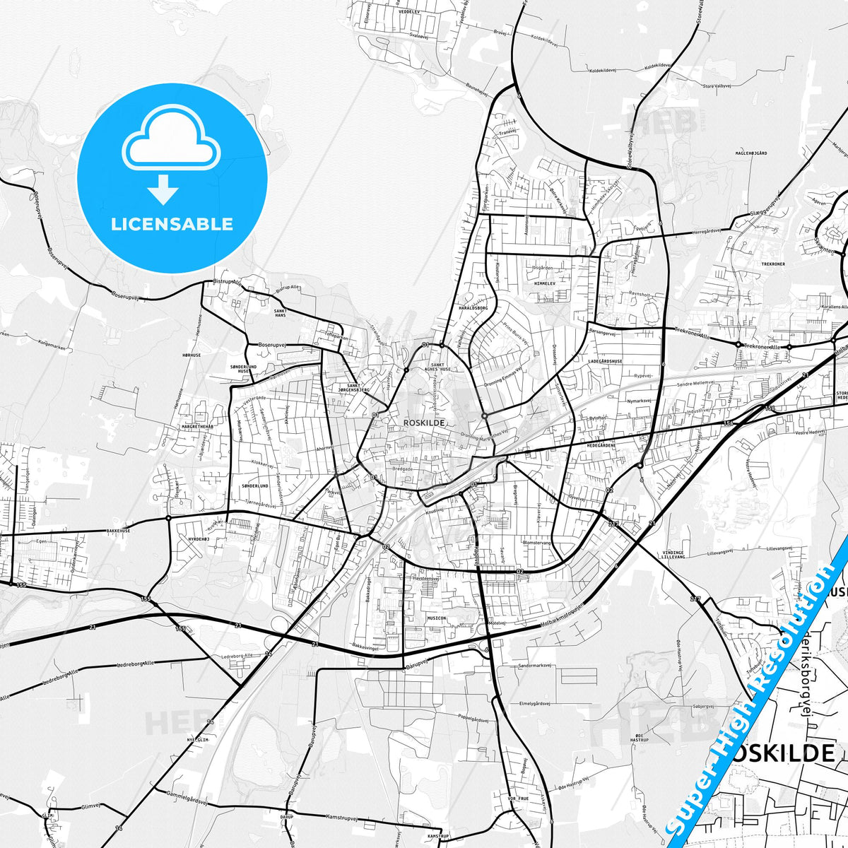 Roskilde, Denmark Light Map with Street Names, City Names, and Districts