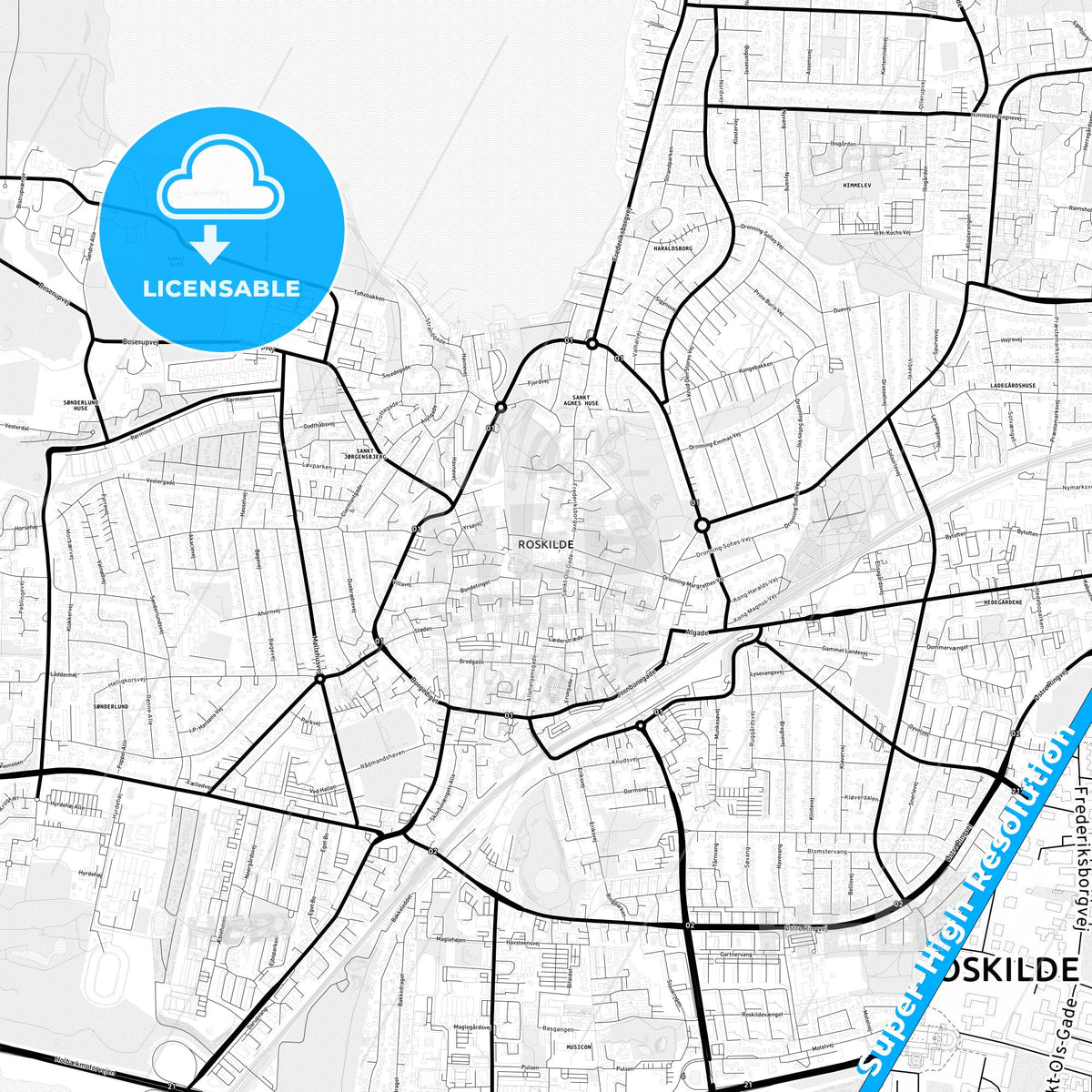 Roskilde, Denmark Light Map with Street Names, City Names, and Districts