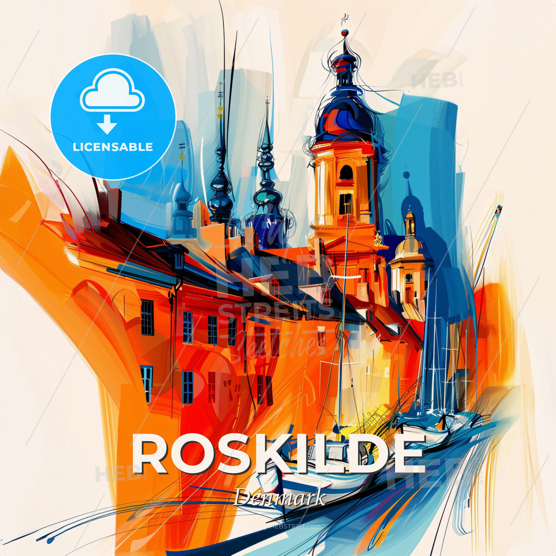 Vibrant Roskilde, Denmark - A Painting Of A City With Boats - Square format print template