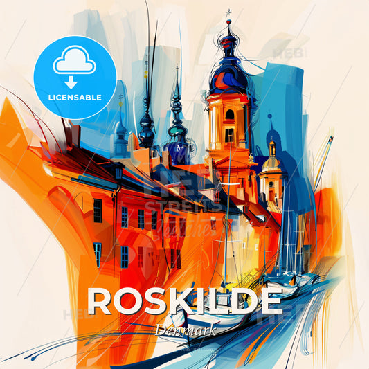 Vibrant Roskilde, Denmark - A Painting Of A City With Boats - Square format print template