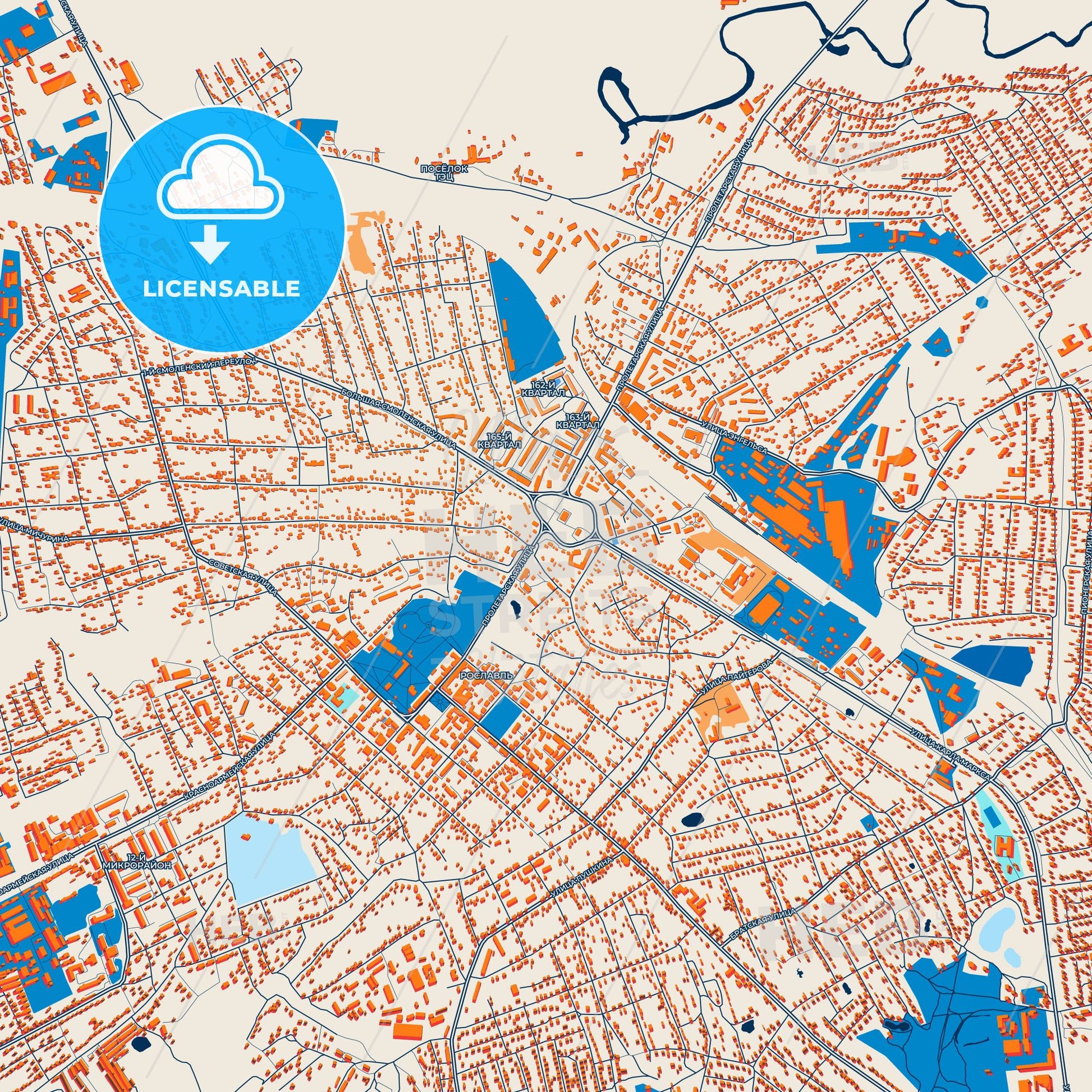 Colorful Roslavl Street Map with Labels and Buildings