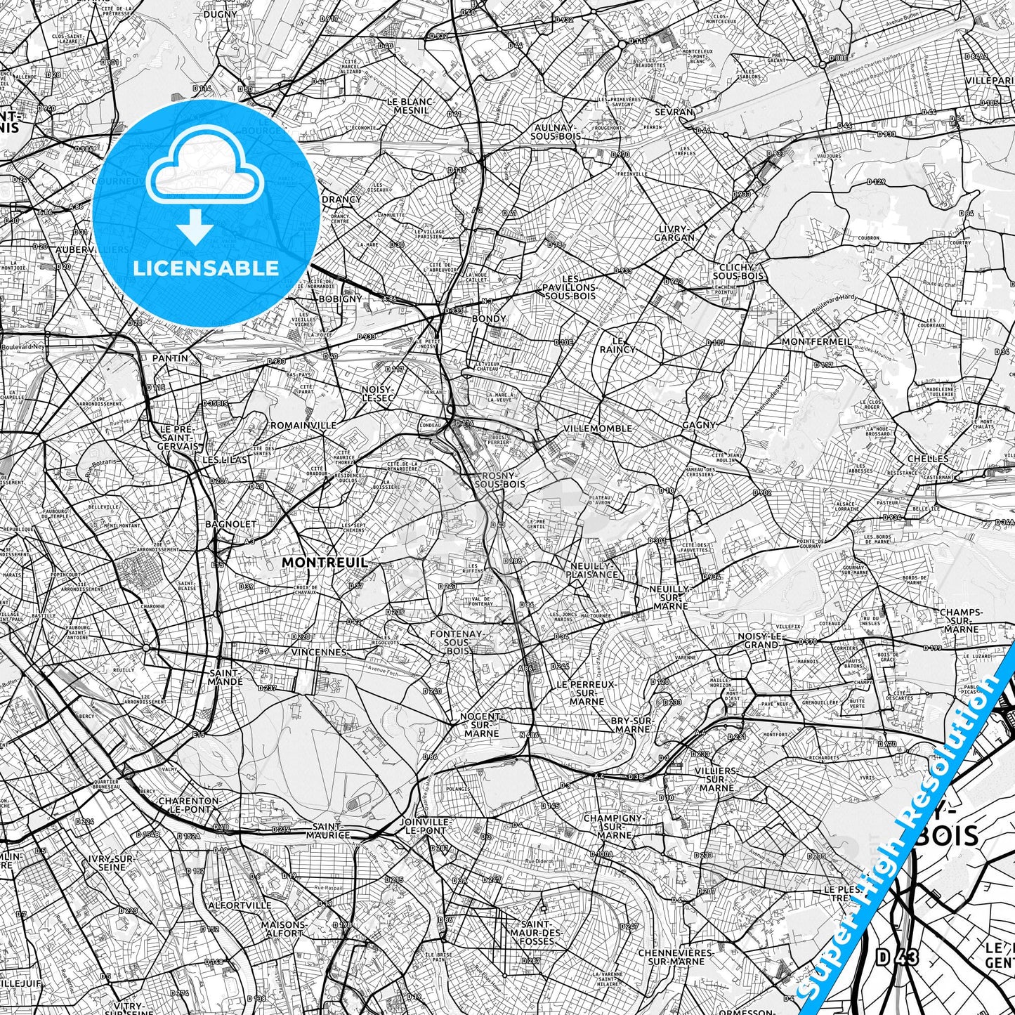 Rosny-sous-Bois, France light map with streetnames, citynames and districts