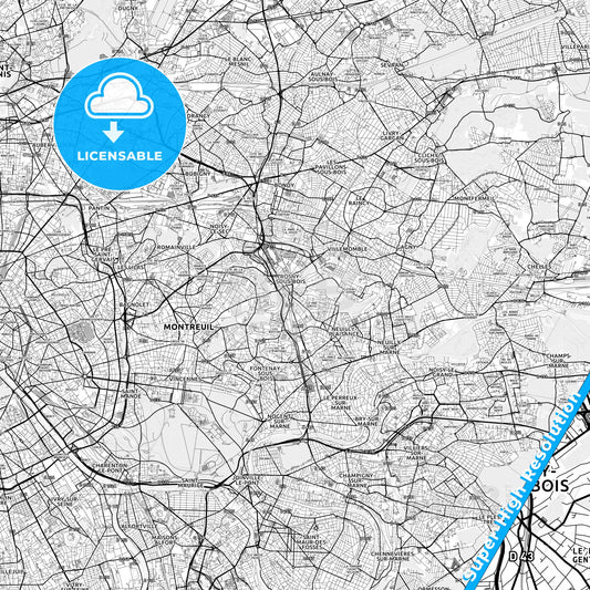 Rosny-sous-Bois, France light map with streetnames, citynames and districts
