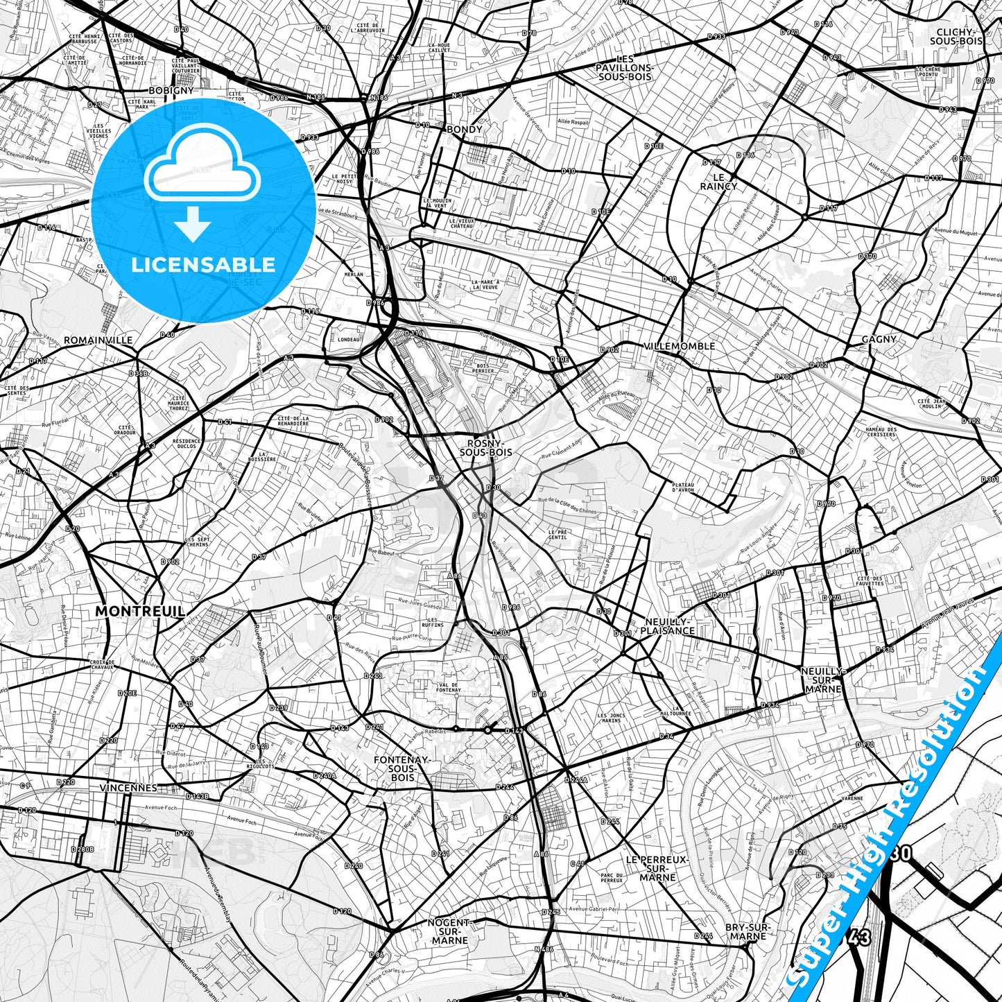 Rosny-sous-Bois, France Light Map with Street Names, City Names, and Districts