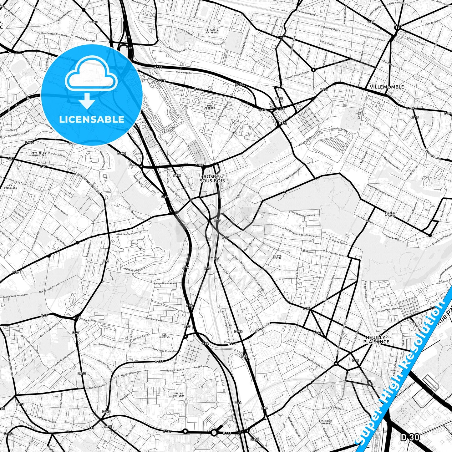 Rosny-sous-Bois, France Light Map with Street Names, City Names, and Districts