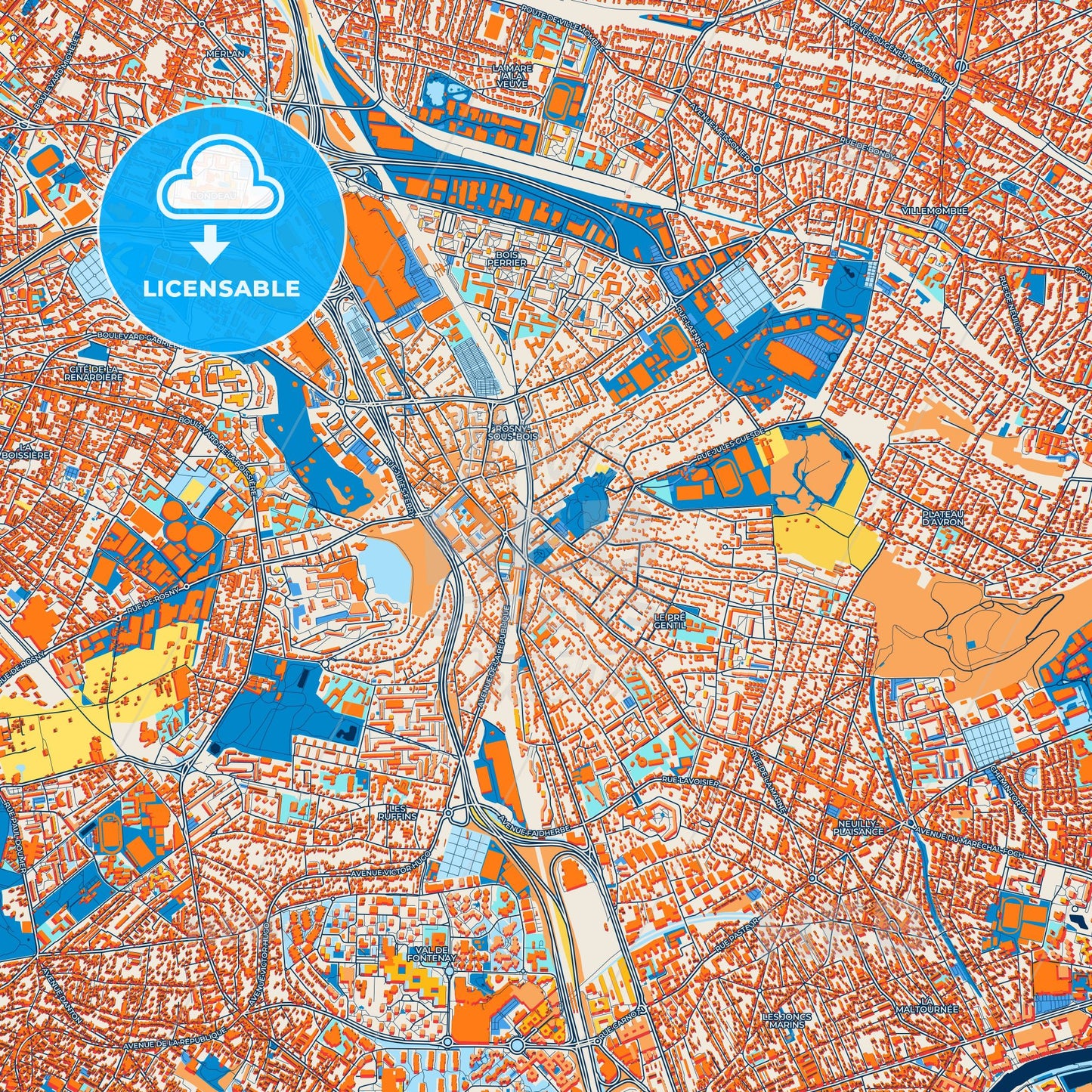 Colorful Rosny-sous-Bois Street Map with Labels and Buildings