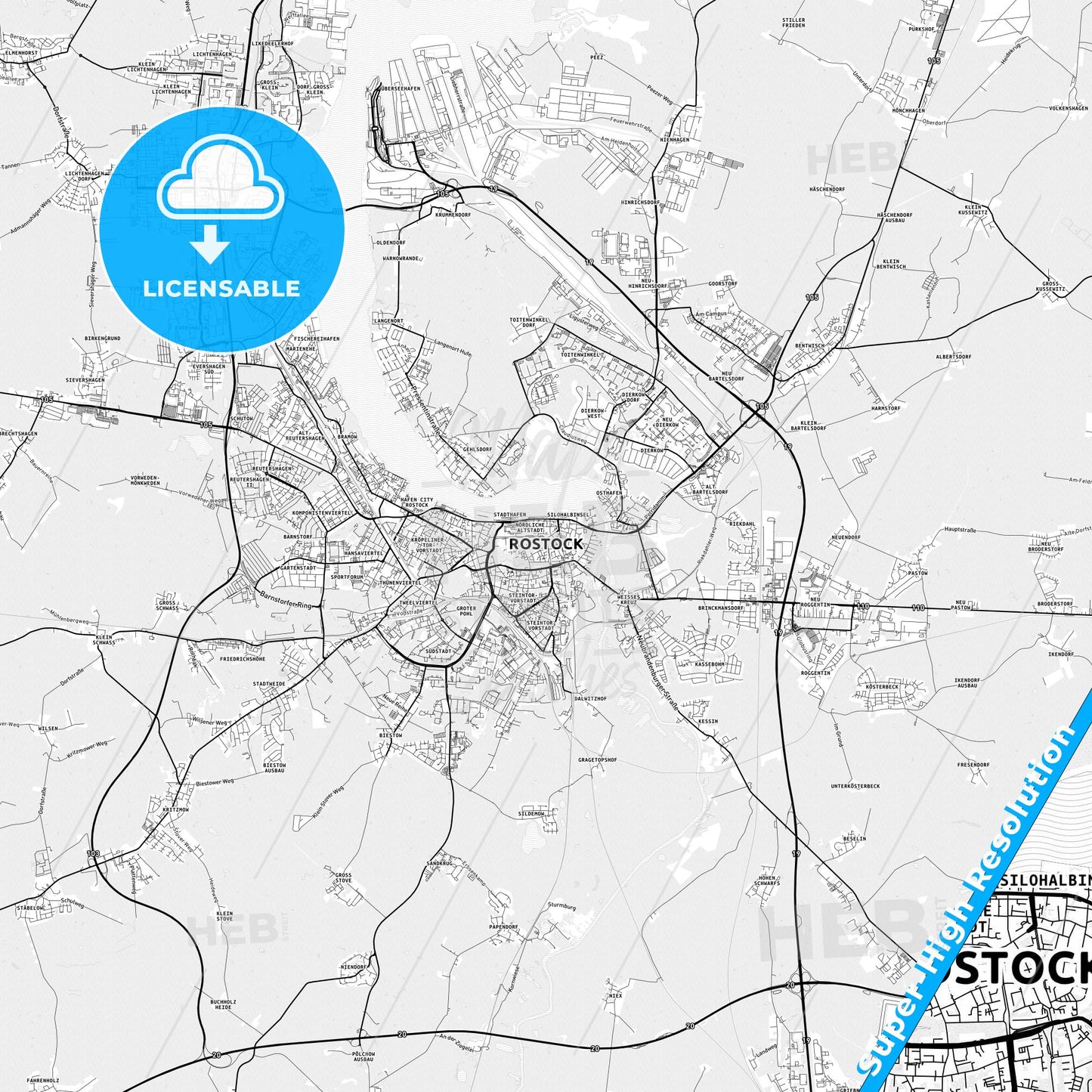 Rostock, Germany light map with streetnames, citynames and districts