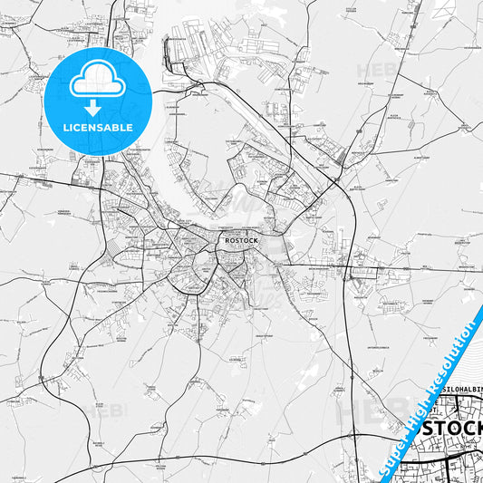 Rostock, Germany light map with streetnames, citynames and districts