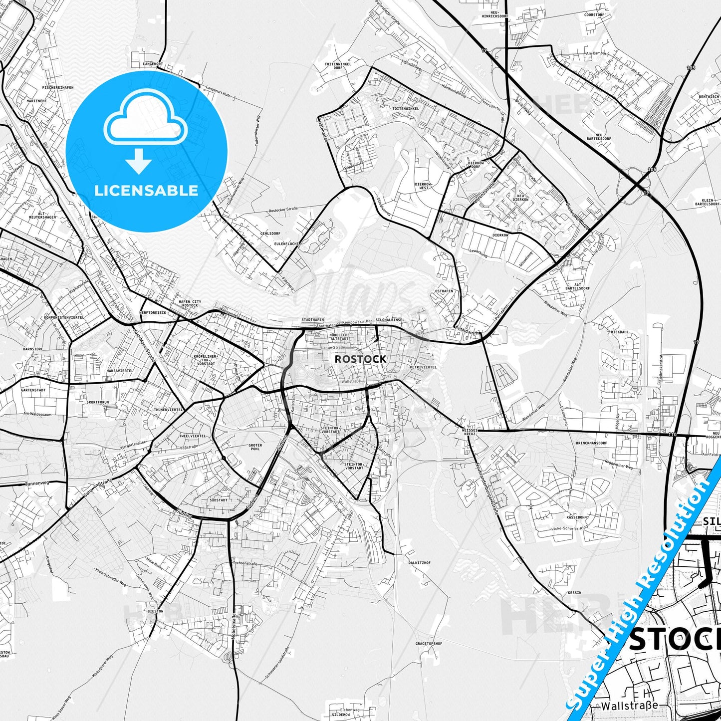 Rostock, Germany Light Map with Street Names, City Names, and Districts