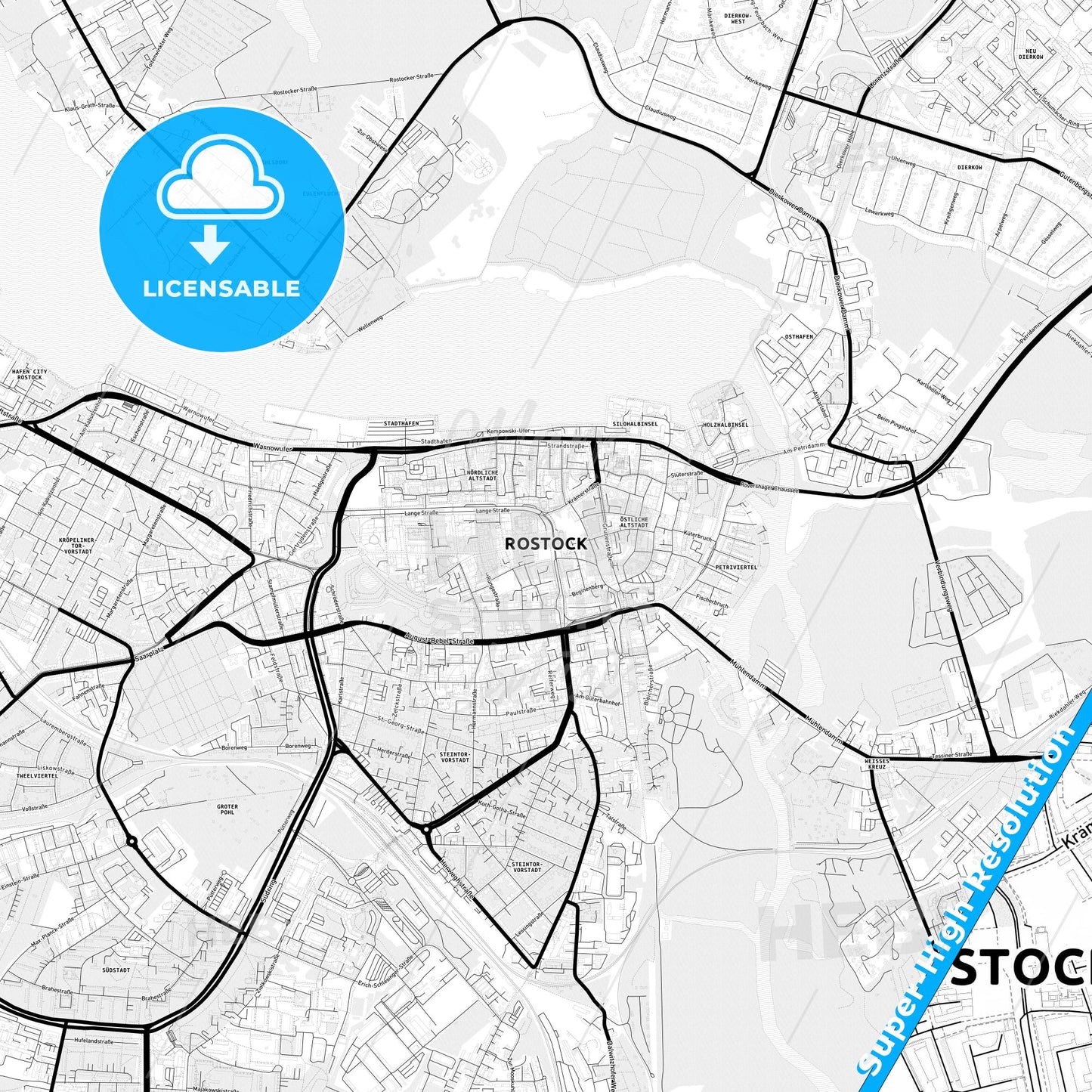 Rostock, Germany Light Map with Street Names, City Names, and Districts