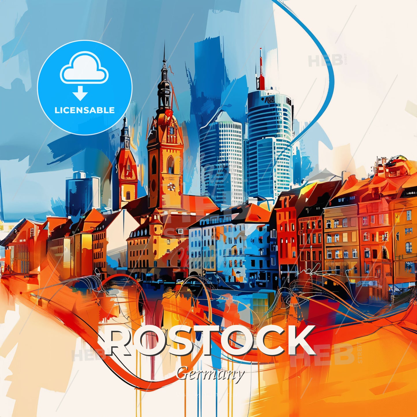 Vibrant Rostock, Germany - A Colorful Cityscape With Buildings And A Blue Sky - Square format print template