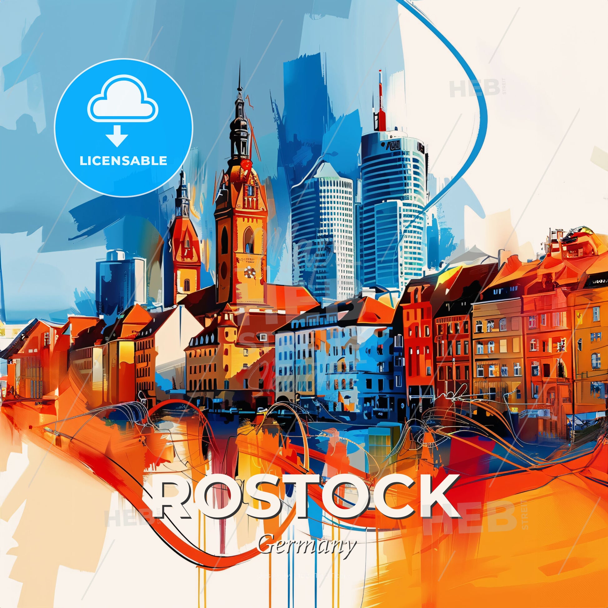 Vibrant Rostock, Germany - A Colorful Cityscape With Buildings And A Blue Sky - Square format print template