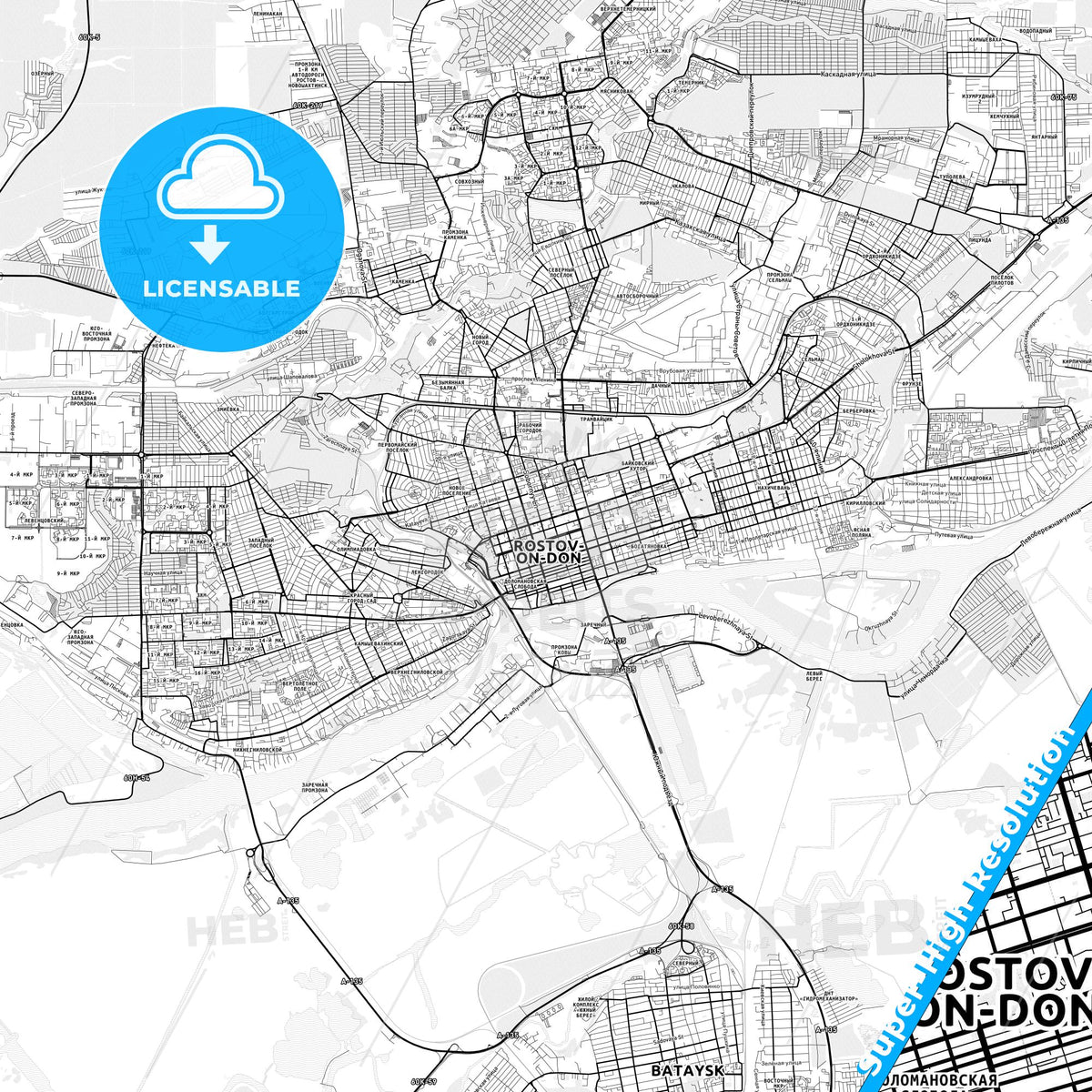 Rostov-on-Don, Russia light map with streetnames, citynames and districts
