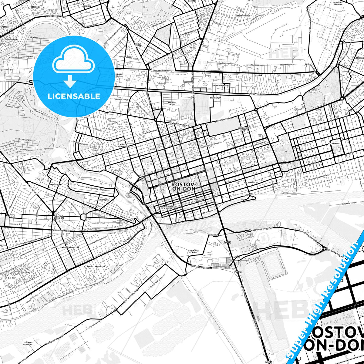Rostov-on-Don, Russia Light Map with Street Names, City Names, and Districts
