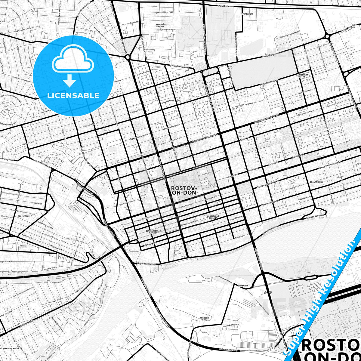 Rostov-on-Don, Russia Light Map with Street Names, City Names, and Districts