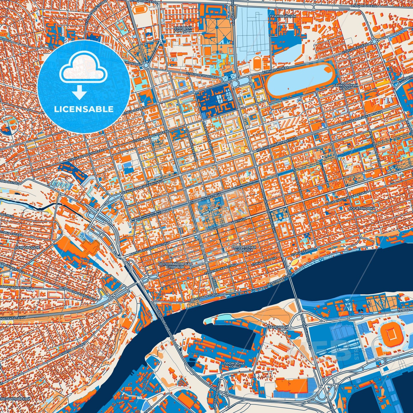 Colorful Rostov-on-Don Street Map with Labels and Buildings