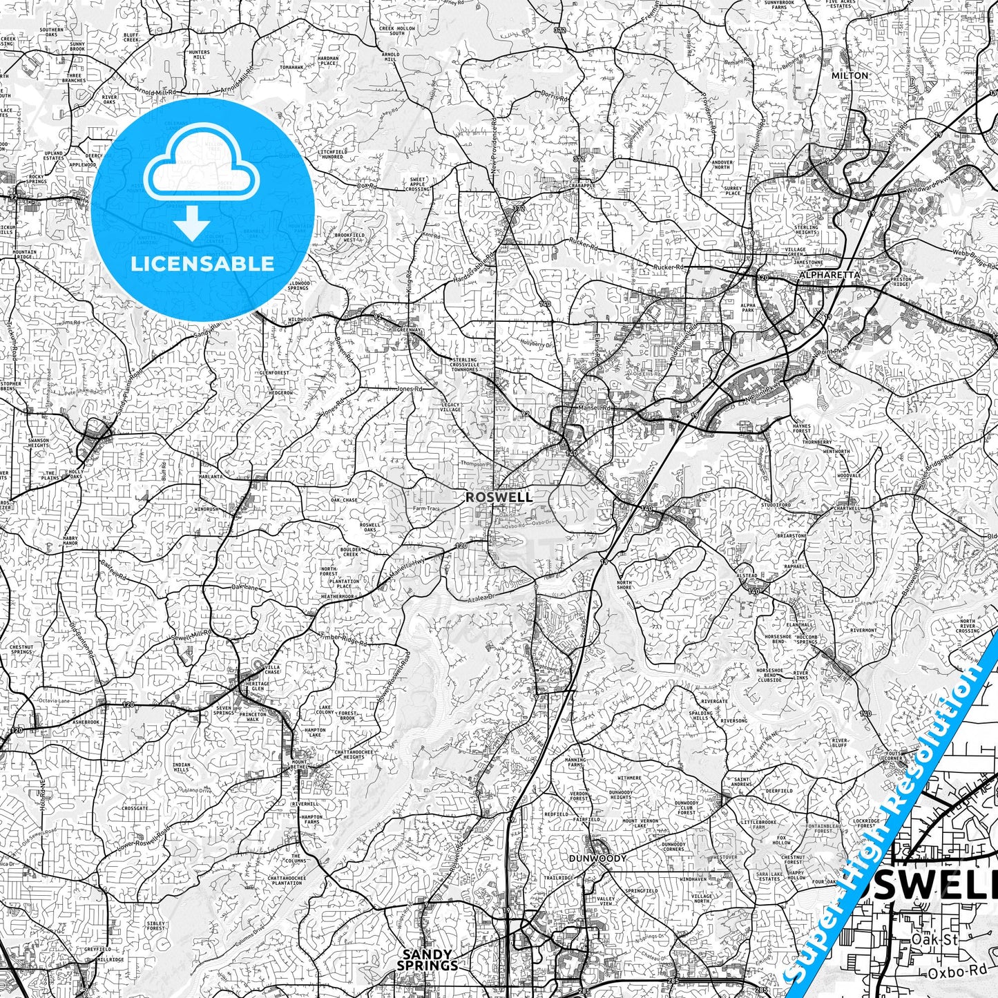 Roswell, Georgia light map with streetnames, citynames and districts