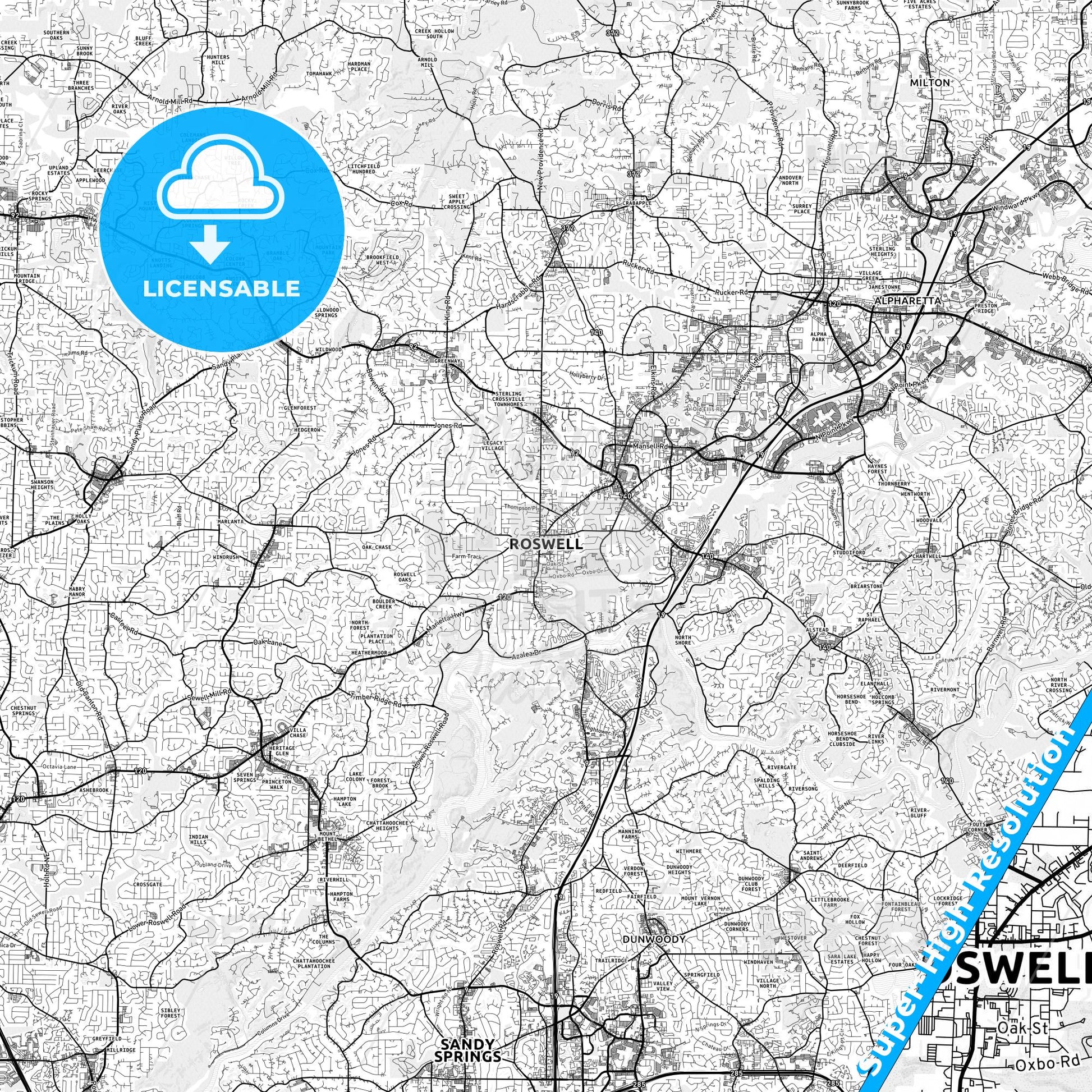 Roswell, Georgia light map with streetnames, citynames and districts
