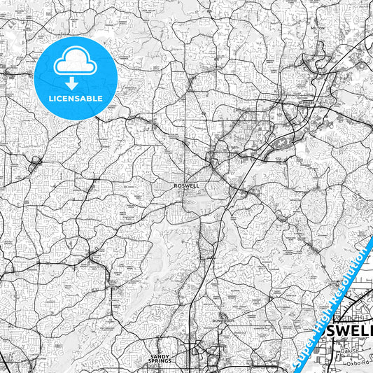 Roswell, Georgia light map with streetnames, citynames and districts