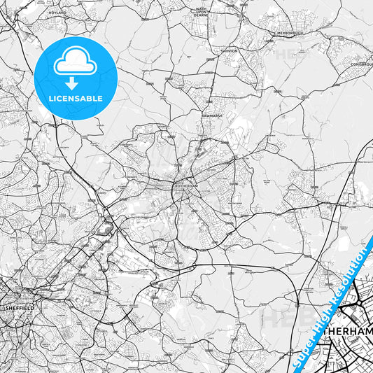 Rotherham, England light map with streetnames, citynames and districts