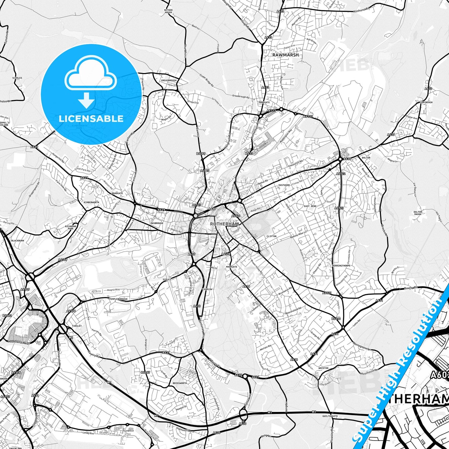 Rotherham, England Light Map with Street Names, City Names, and Districts