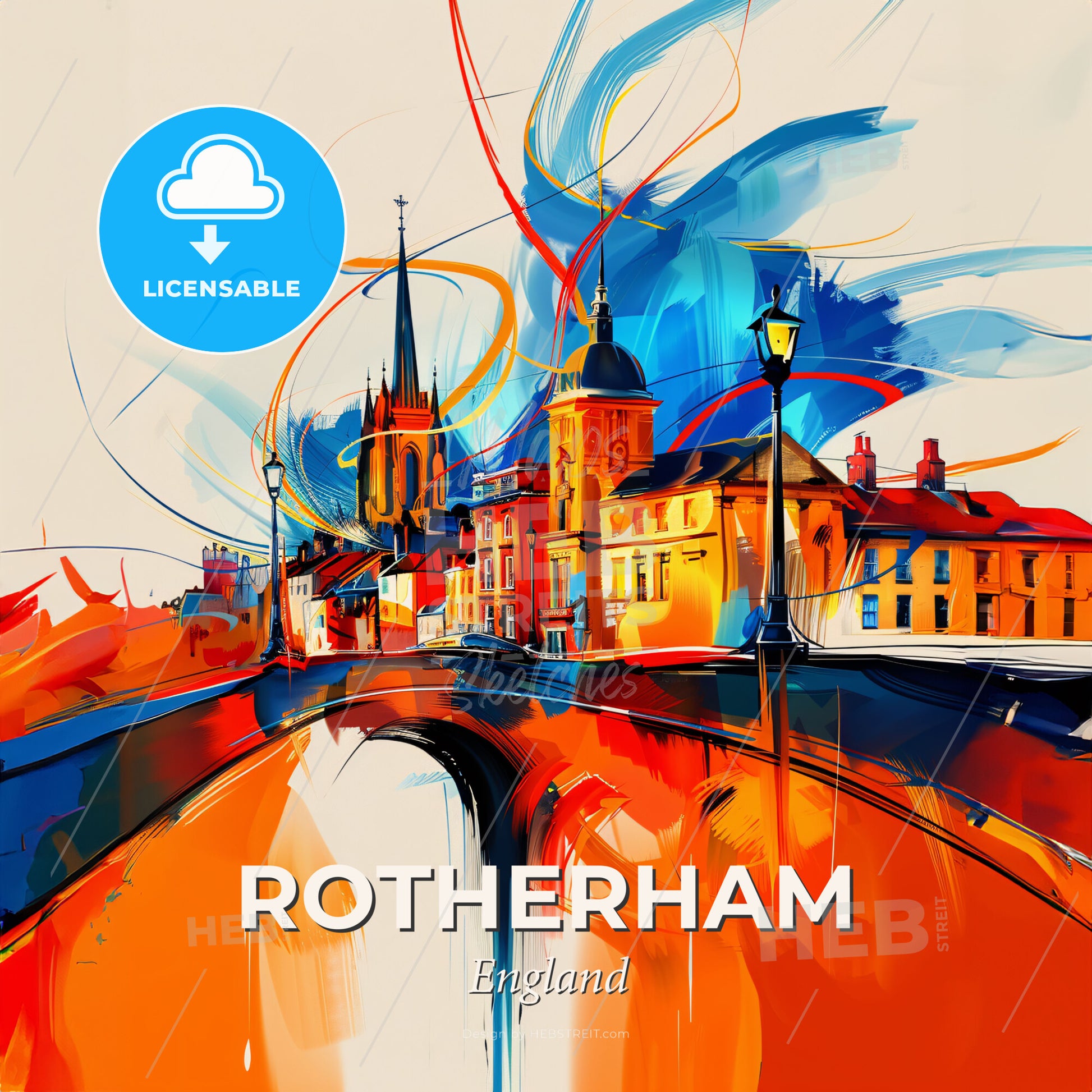 Vibrant Rotherham, England - A Painting Of A Bridge And A City - Square format print template