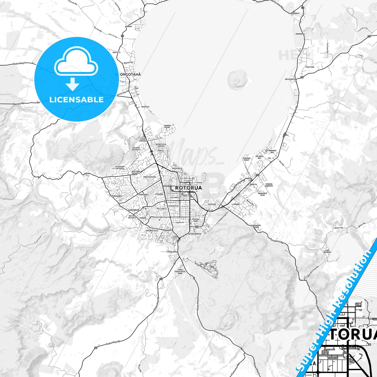 Rotorua, New Zealand light map with streetnames, citynames and districts