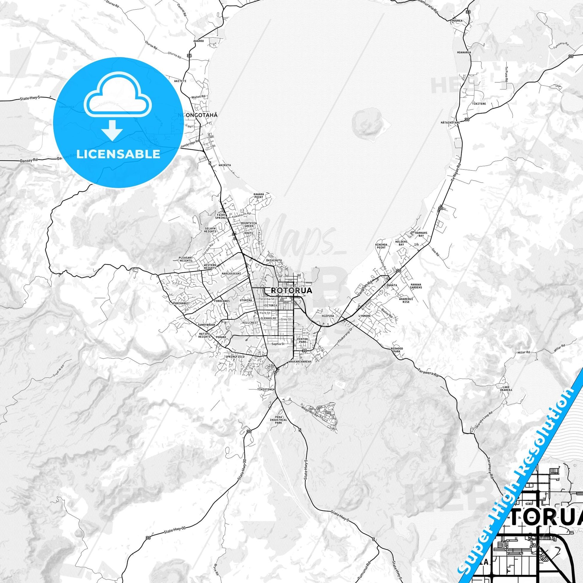 Rotorua, New Zealand light map with streetnames, citynames and districts